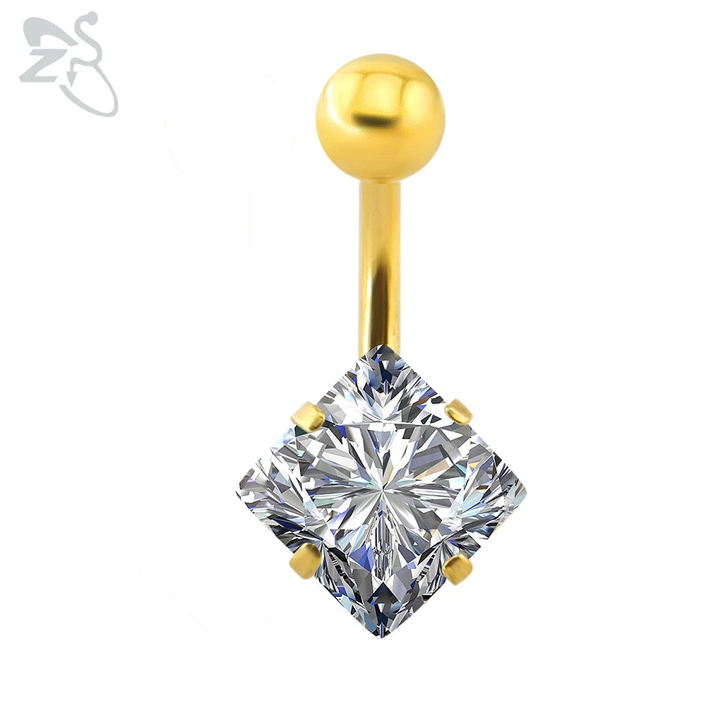 ZS 1 Piece Gold Color Stainless Steel Belly Ring Flower Heart CZ Crystal Navel Belly Button Rings Butterfly Navel Piercings 14G