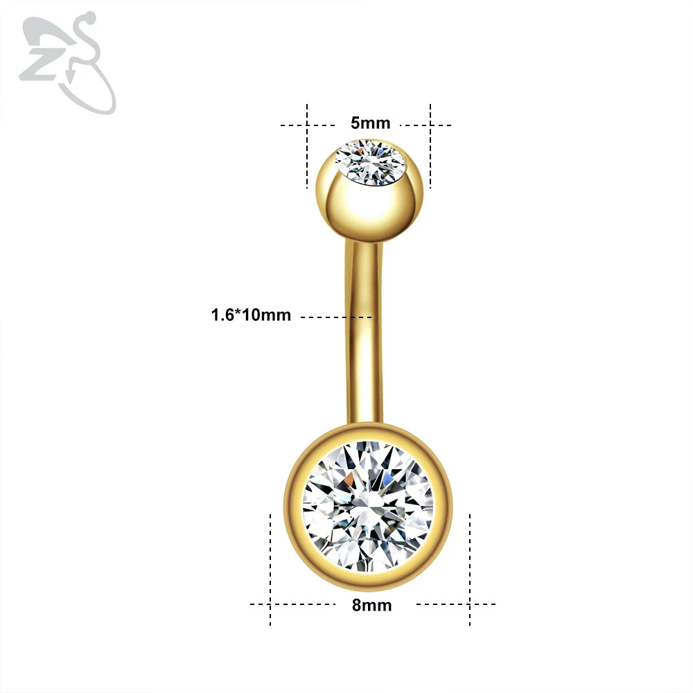 ZS 1 Piece Gold Color Stainless Steel Belly Ring Flower Heart CZ Crystal Navel Belly Button Rings Butterfly Navel Piercings 14G