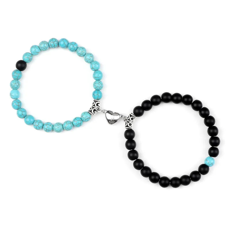 Hot Sale 2Pcs/Set Beads Bracelet For Lovers Natural Stone Distance Heart Magnet Couple Bracelets Friendship Fashion Jewelry Gift