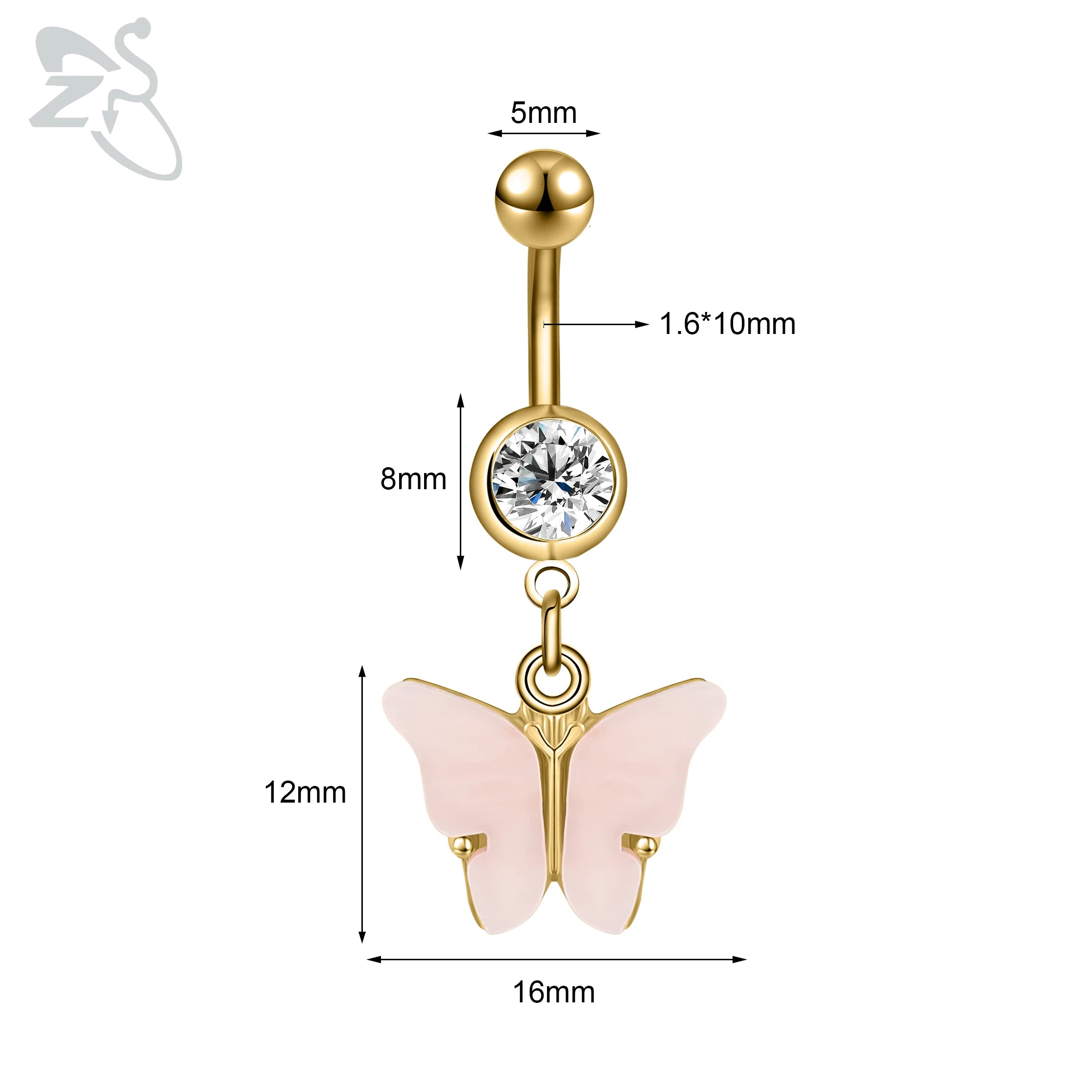 ZS 1 Piece Gold Color Stainless Steel Belly Ring Flower Heart CZ Crystal Navel Belly Button Rings Butterfly Navel Piercings 14G
