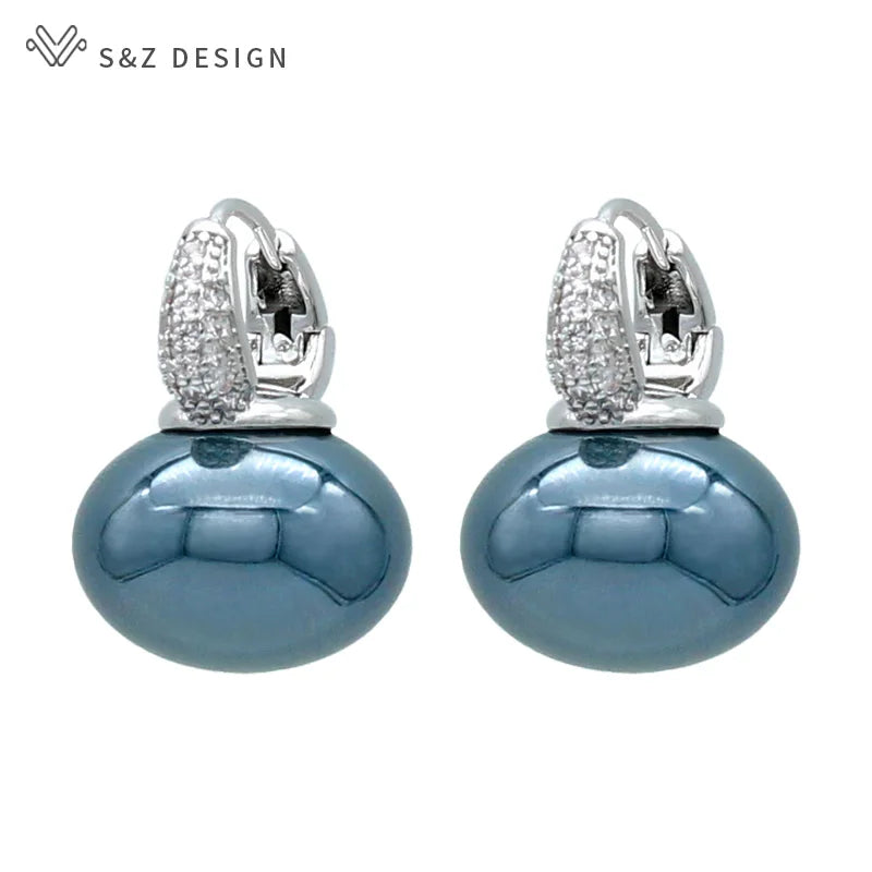 S&Z DESIGN New Fashion Bread Round Big Pearl Dangle Earrings For Women Wedding Jewelry Gift Temperament Cubic Zirconia Eardrop