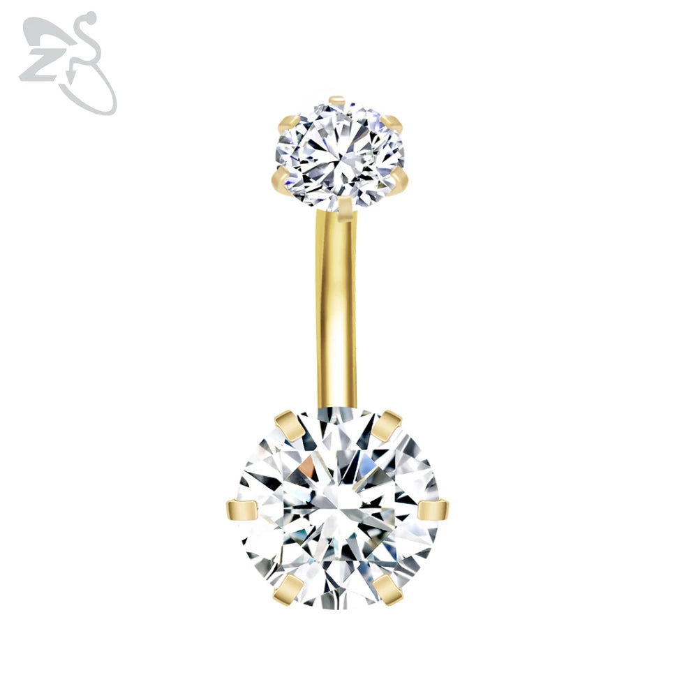 ZS 1 Piece Gold Color Stainless Steel Belly Ring Flower Heart CZ Crystal Navel Belly Button Rings Butterfly Navel Piercings 14G