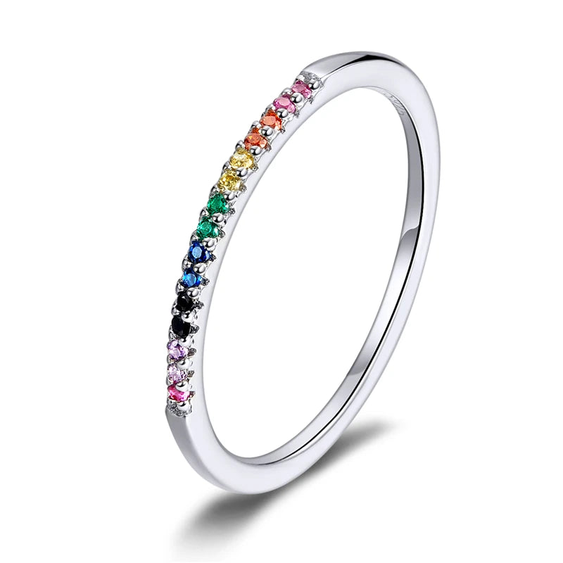 BAMOER 925 Sterling Silver Full pave ring Rainbow CZ Simulated Diamond Stackable Ring Platinum Plated Eternity Bands for Women