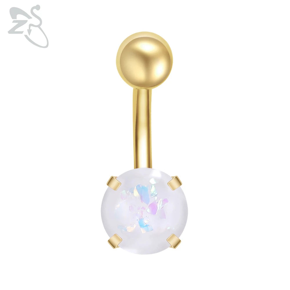 ZS 1 Piece Gold Color Stainless Steel Belly Ring Flower Heart CZ Crystal Navel Belly Button Rings Butterfly Navel Piercings 14G