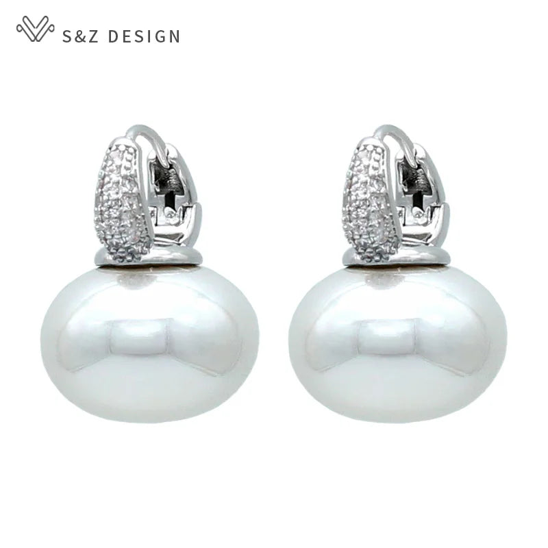 S&Z DESIGN New Fashion Bread Round Big Pearl Dangle Earrings For Women Wedding Jewelry Gift Temperament Cubic Zirconia Eardrop