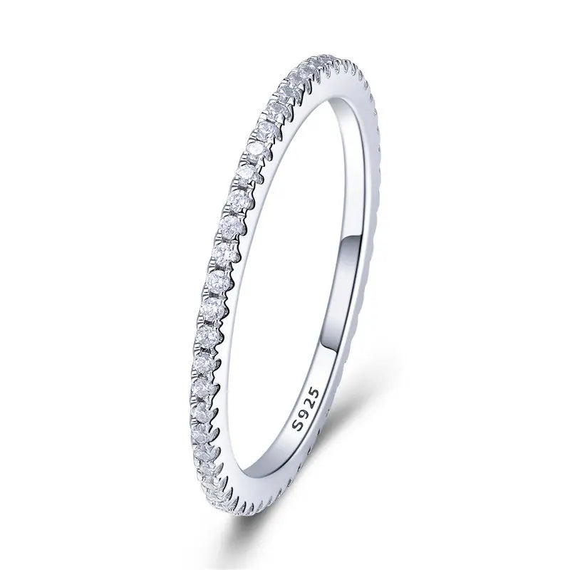 BAMOER 925 Sterling Silver Full pave ring Rainbow CZ Simulated Diamond Stackable Ring Platinum Plated Eternity Bands for Women