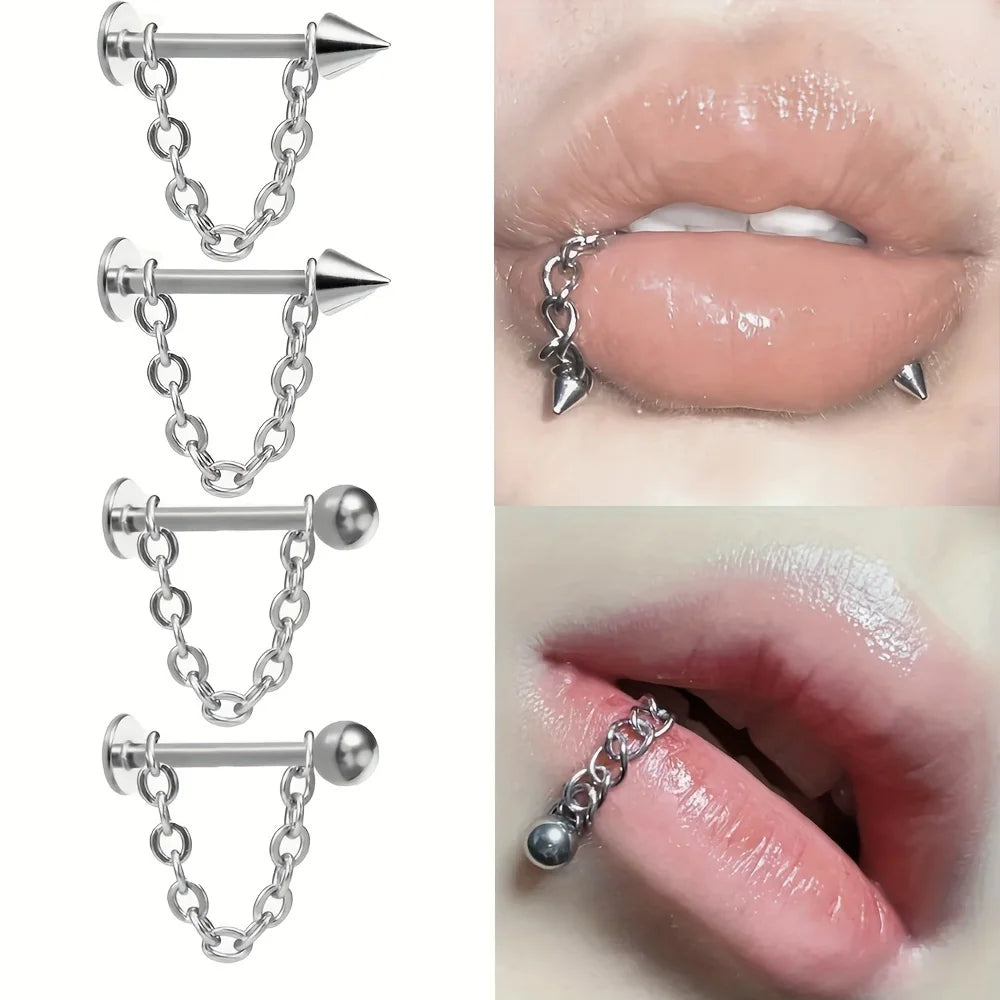 2pcs Fashion Simple Stainless Steel Chain Lip Stud Cartilage Stud Earrings Detachable Piercing Jewelry For Daily Wear