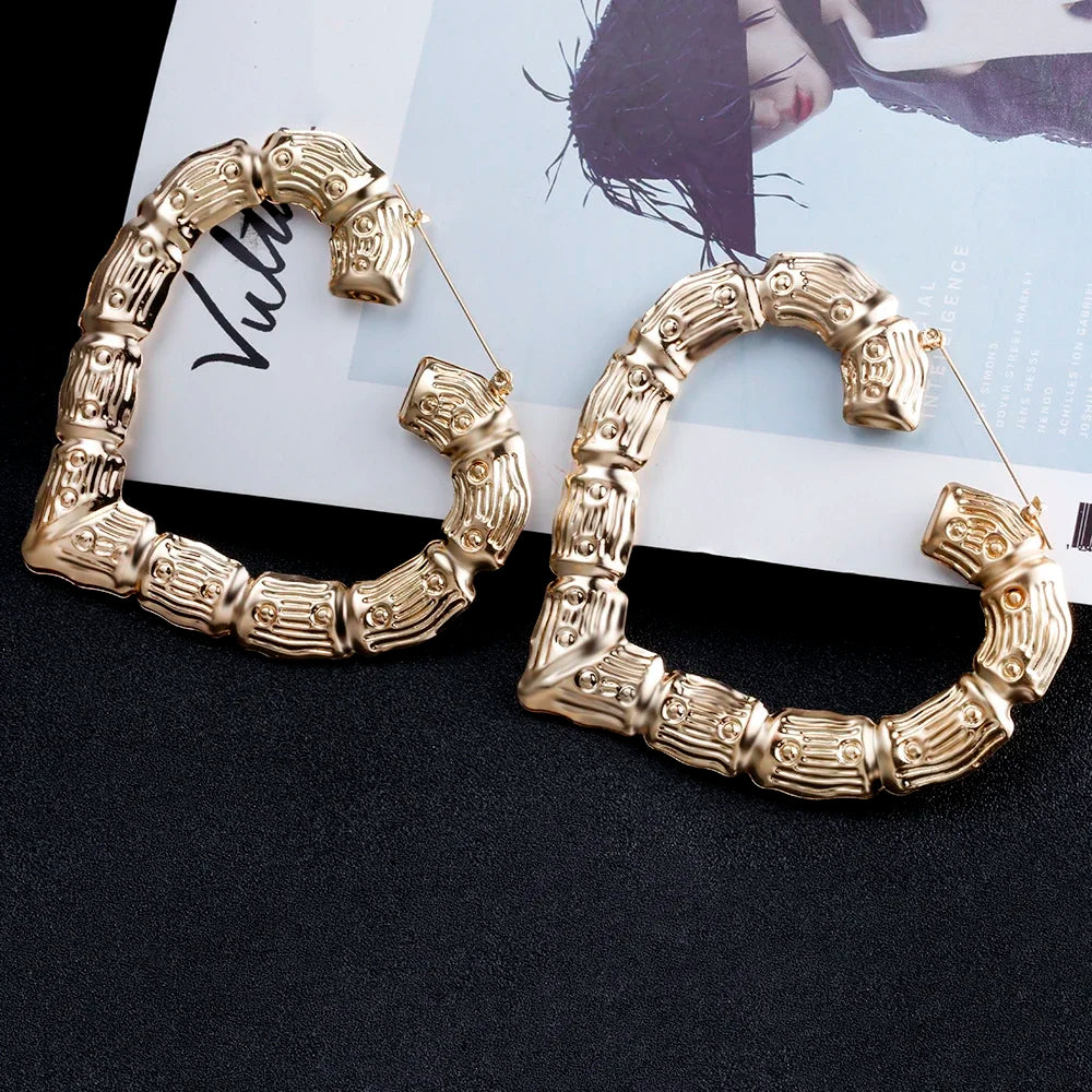 VIVILADY Big Large Bamboo Heart Hoop Earrings Women Gold Silver Color Basketball Wives Statement Brincos Boho Jewelry Party Gift