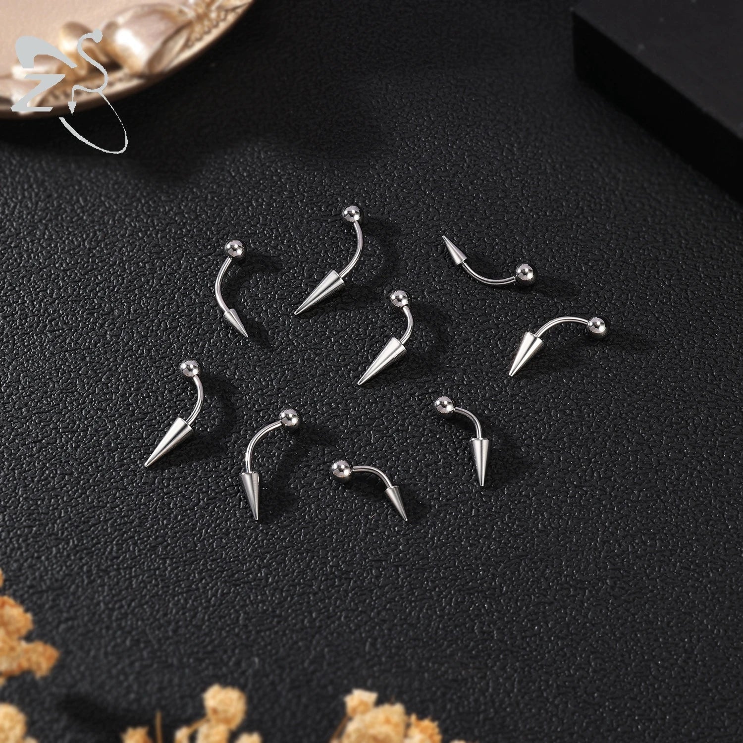 ZS 1PC 16G Long Spike Bridge Piercing Stainless Steel Eyebrow Ring Curved Barbell Cartilage Earring Punk Cone Labret Piercing