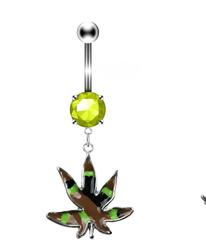 1PC Green Maple Leaf Belly Navel Ring Leaves Weed Dangle Belly Button Piercing Jewelry Surgical Steel Barbell Botton Piercing