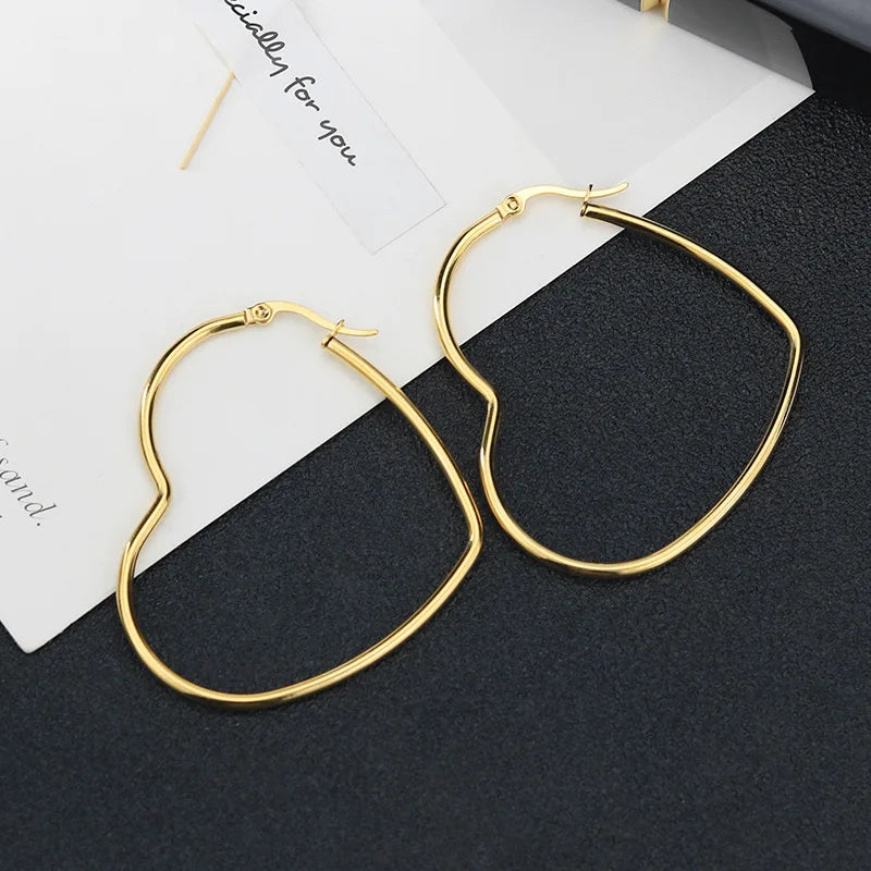 30-60mm Exaggerate Big Hoop Earring Heart Earrings For Women Stainless Steel Gold Color Hip Hop Korea Fashion Jewelry