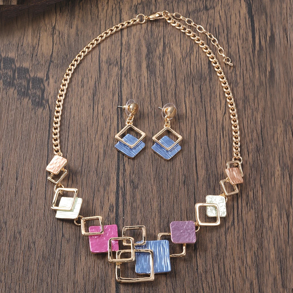 Fashion Simple Drip Oil Geometric Jewelry Sets for Women Accessories New Trendy Necklace and Earrings Set Daily Party Prom Gift