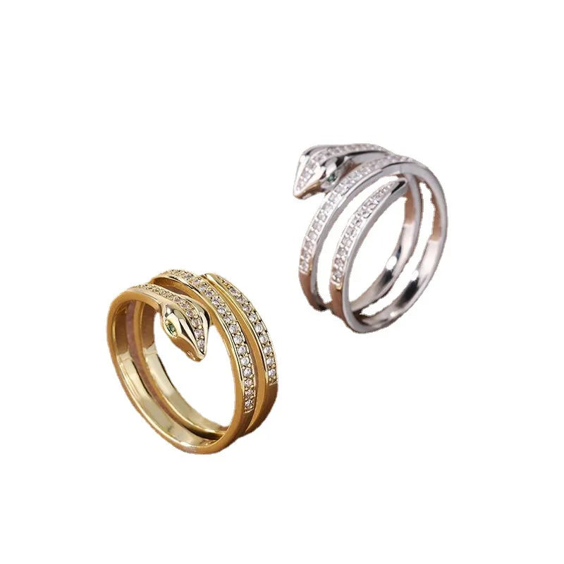 Fashion Winding Snake Rings For Women Men Punk Hip Hop Open Adjustable Gold Color Ring Stainless Steel Zircon Aesthetic Jewelry