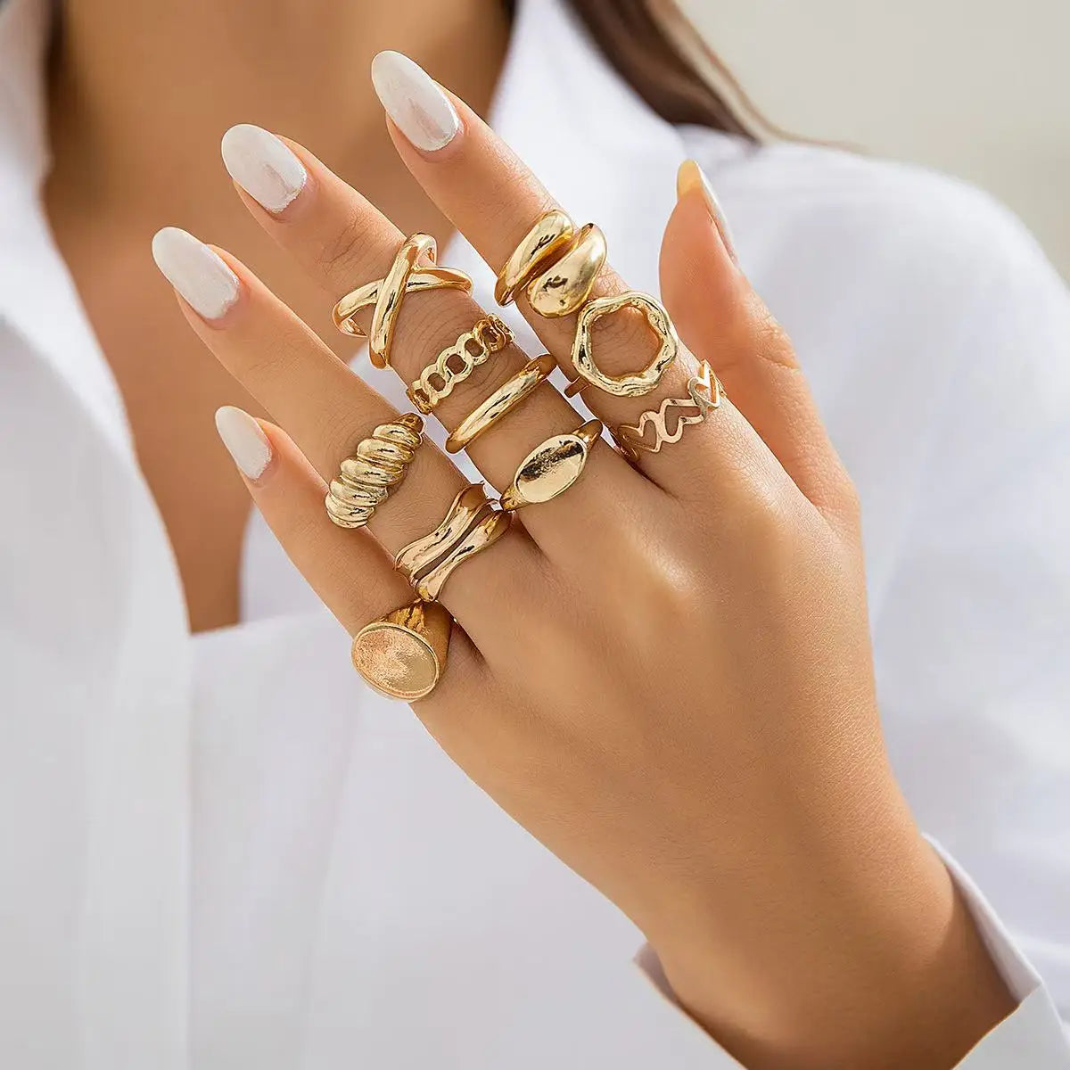 12PCS Set Of New Irregular Geometric Ring Alloy Plated Metal Adjustable Finger Ring For Women, Fashion Statement Jewelry Party N