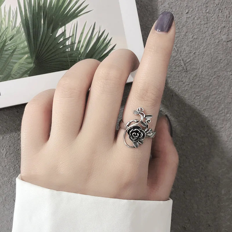 Buyee 925 Sterling Silver Big Flower Ring for Women Fashion Big Rose Open Adjustable Ethnic Jewelry Gift with Box