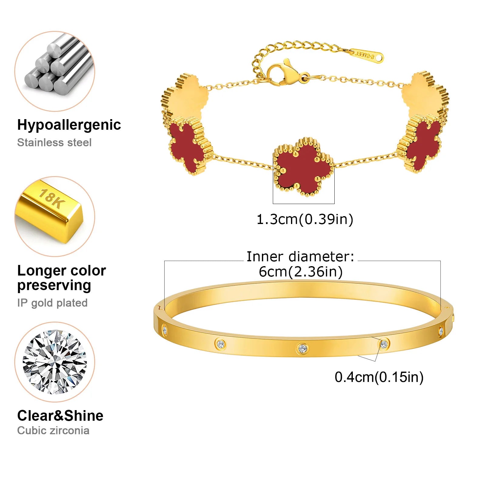 Vnox Exquisite 13mm Clover Bracelet Set for Women, Love Gift Bracelets for Wife Mothers Day Jewelry, Stainless Steel Cuff Bangle