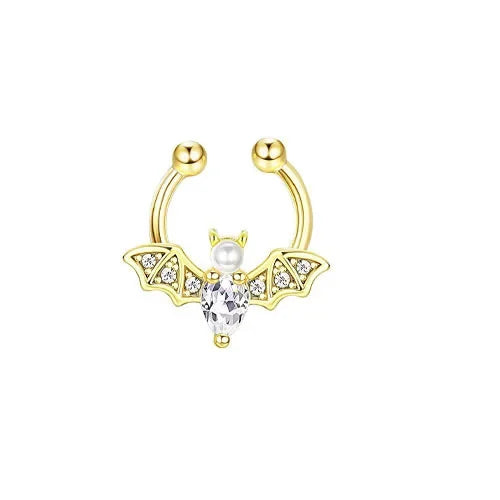 1/4PCS Crystal Bat Fake Nose Ring Septum Jewelry Stainless Steel Non Piercing Cuff Earring Rook Faux Clip on Hoop