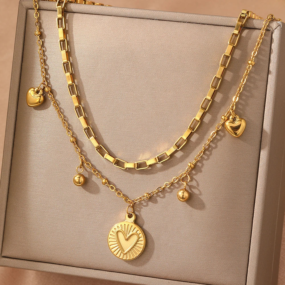 Stainless Steel Necklace Light Luxury Exquisite Peach Heart Double Layer Bone Chain Ladies Jewelry Birthday Anniversary Gift