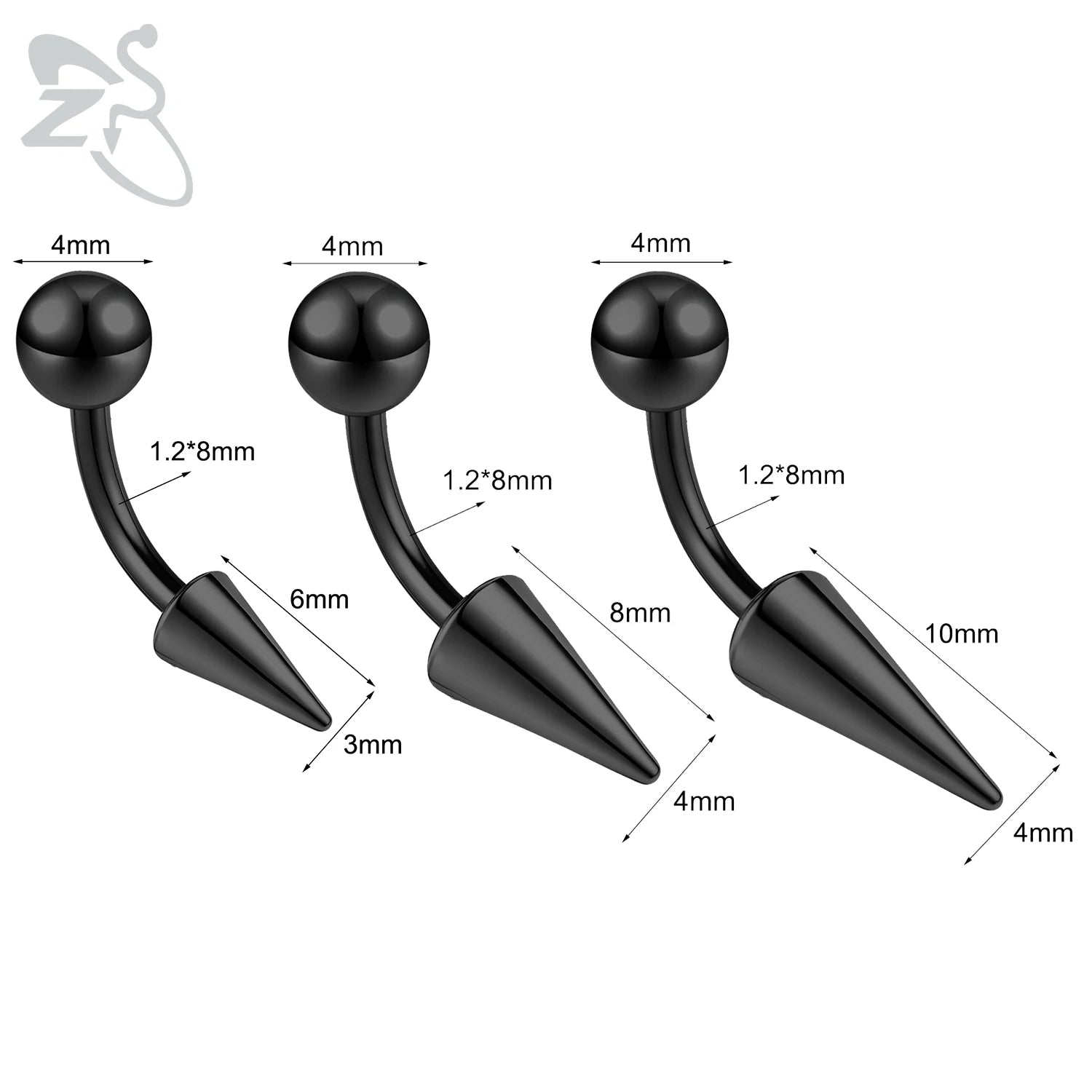 ZS 1PC 16G Long Spike Bridge Piercing Stainless Steel Eyebrow Ring Curved Barbell Cartilage Earring Punk Cone Labret Piercing