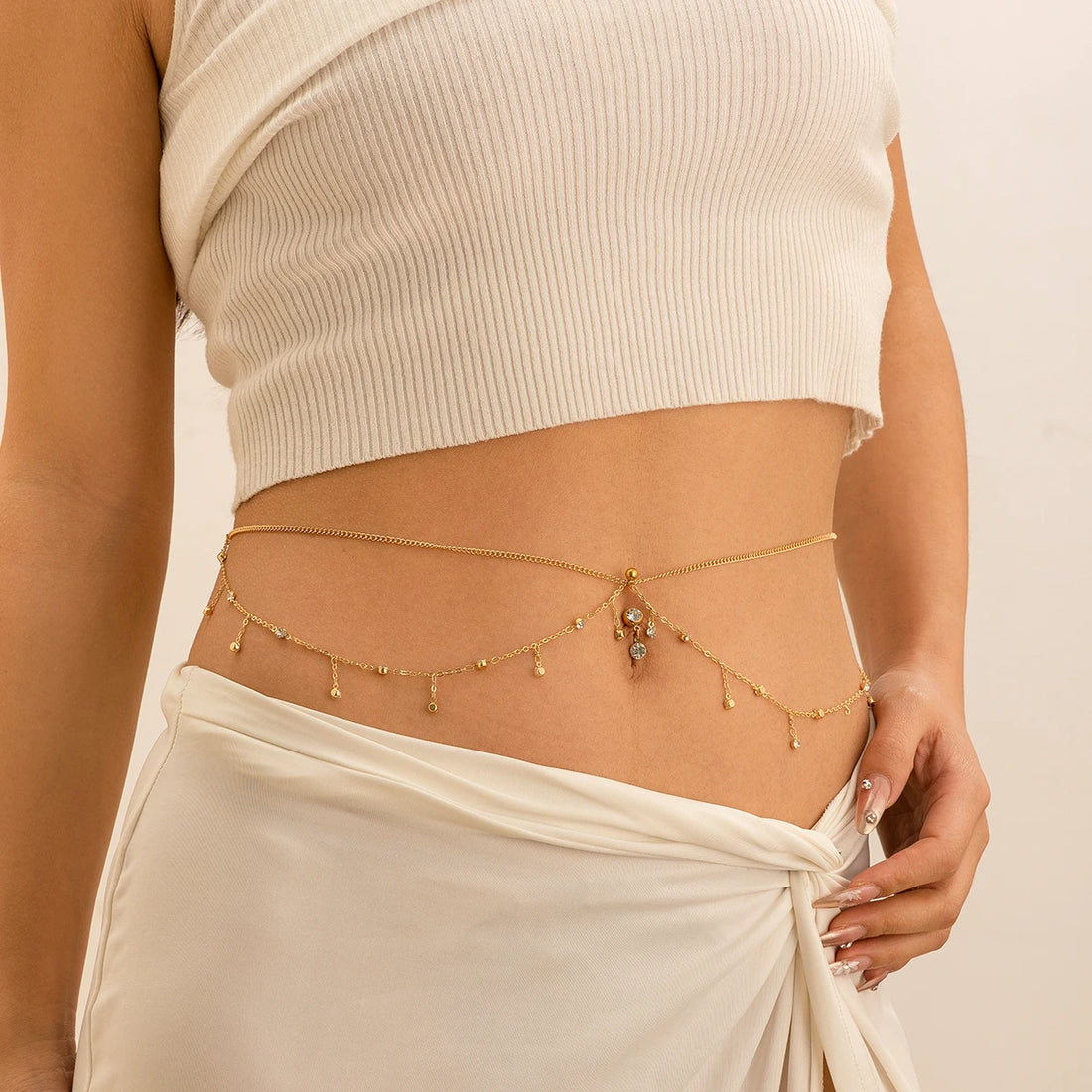 IngeSight.Z Simple Gold Color Stainless Steel Waist Chain for Women Classic Zircon Pendant Sexy Double Layer Body Chain Jewelry