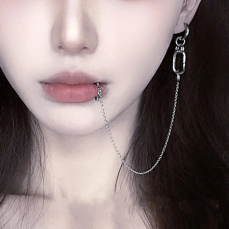 Anime Cosplay Punk Chain Linked Earrings Hinged Lip Ring Fake Piercing Lip Clip Earring Accessories Creative Metal Earrings