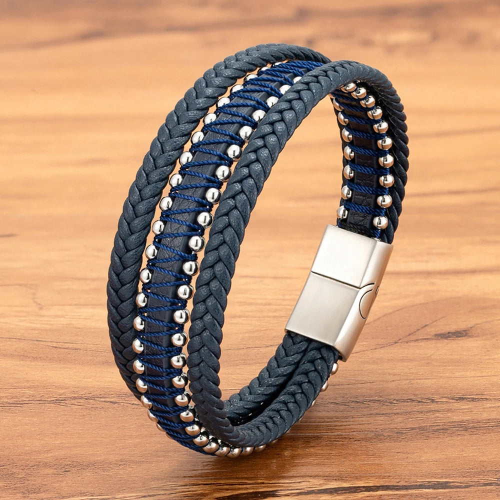 XQNI Stainless Steel Leather Bracelet For Mens Chain Charm Jewelry Magnetic Clasp Bangle for Dad Boyfriend Lover Birthday Gifts