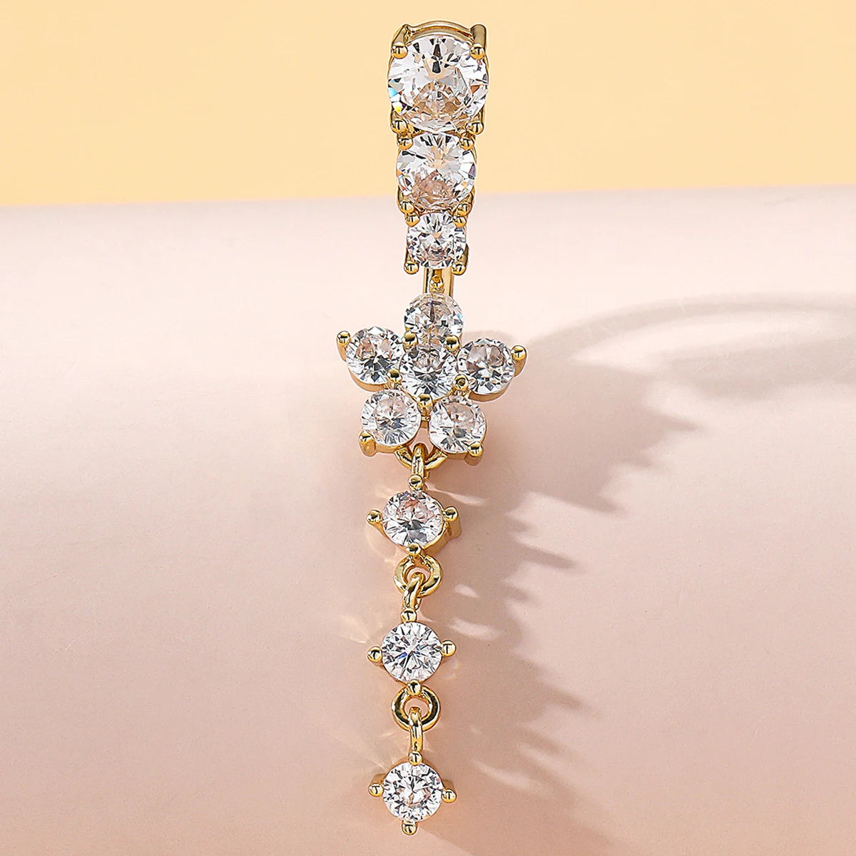 Gold Color Stainless Steel Belly Button Ring Long Dangled Flower CZ Crystal Navel Belly Piercing Rings for Women Sexy Jewelry