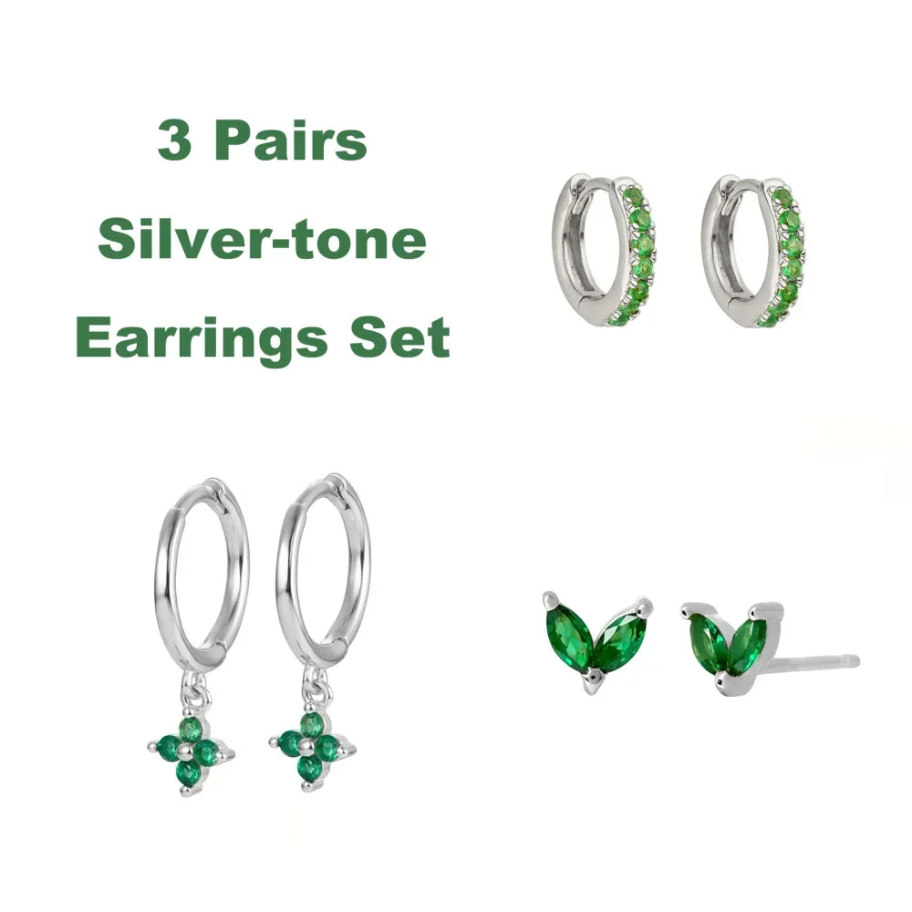1/3Pairs Copper Green CZ Stone Huggie Hoop Earring Stud Gold Color Silver Black Geometric Cartilage Earrings For Women Jewelry