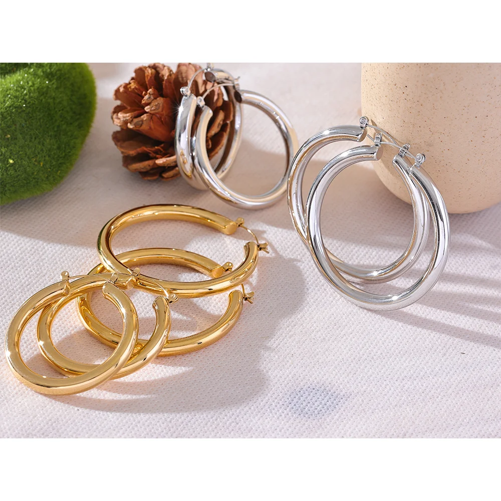 Yhpup Minimalistic Big Sleek Metal Round Hollow Hoop Earrings Anti Allergic 316L Stainless Steel Trendy Simple Ear Jewelry