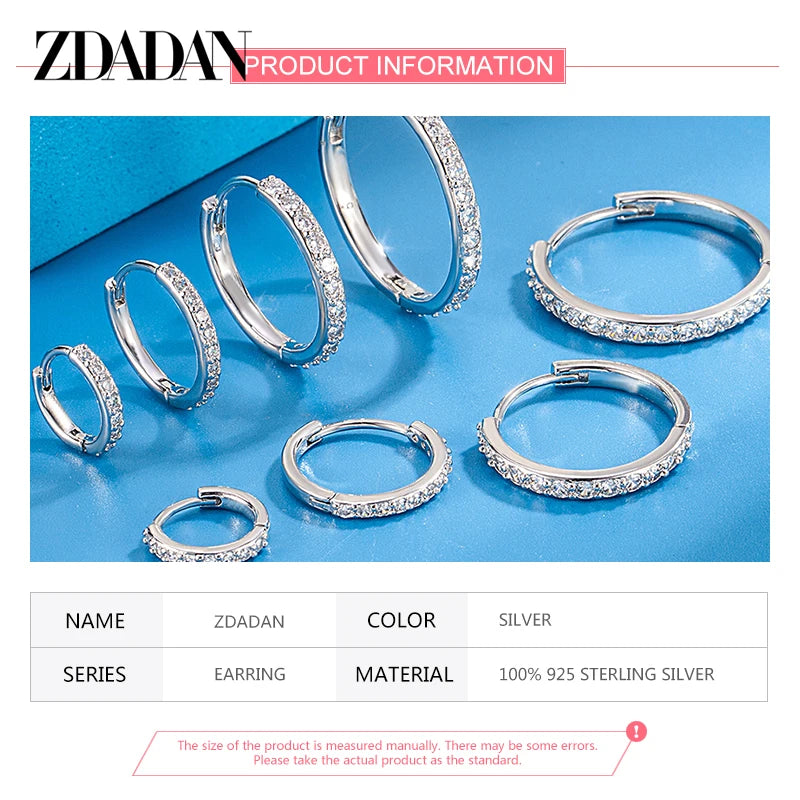 ZDADAN 925 Sterling Silver 8/12/16/20mm Zircon Hoop Earrings For Women Fashion Jewelry