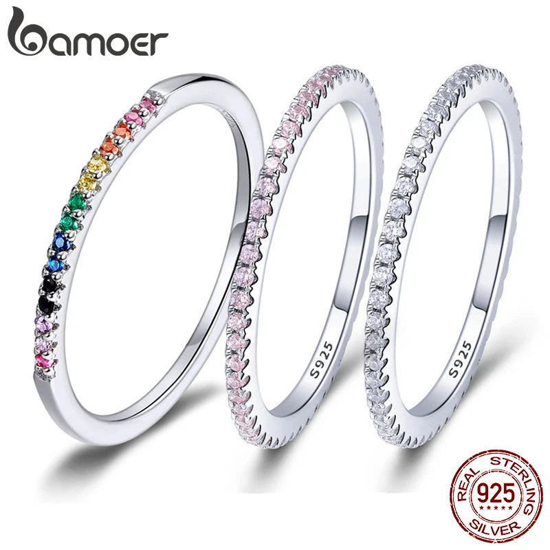BAMOER 925 Sterling Silver Full pave ring Rainbow CZ Simulated Diamond Stackable Ring Platinum Plated Eternity Bands for Women