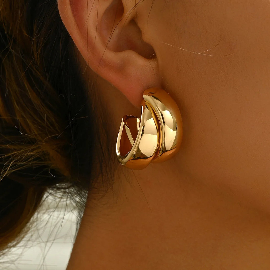 Stainless Steel Chunky Hoop Earrings for Women Girls Gold Color Double Ring Thick Geometric Drop Earrings Statement Jewelry Gift