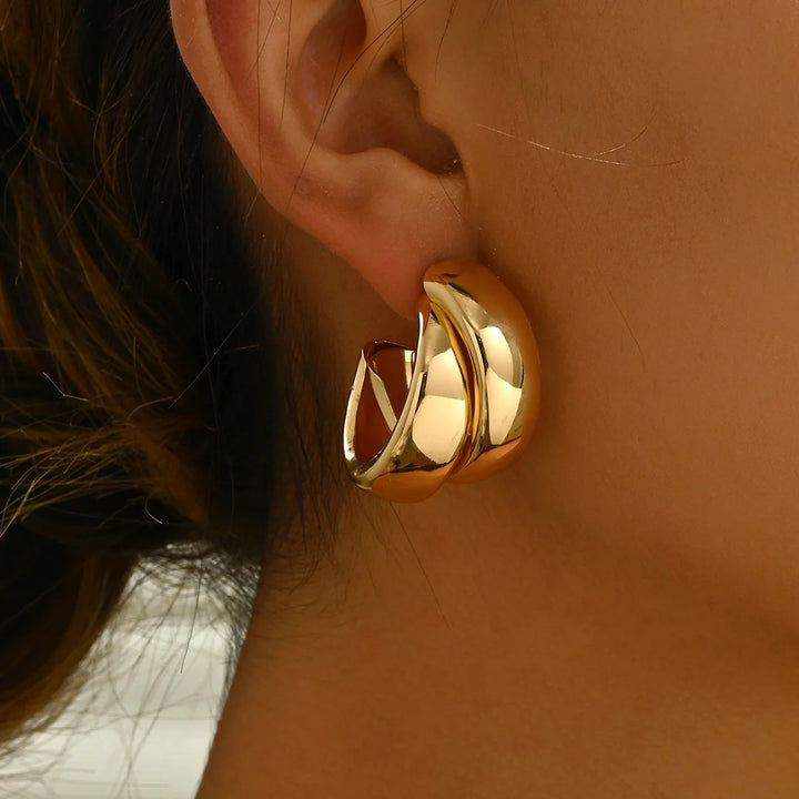 Stainless Steel Chunky Hoop Earrings for Women Girls Gold Color Double Ring Thick Geometric Drop Earrings Statement Jewelry Gift