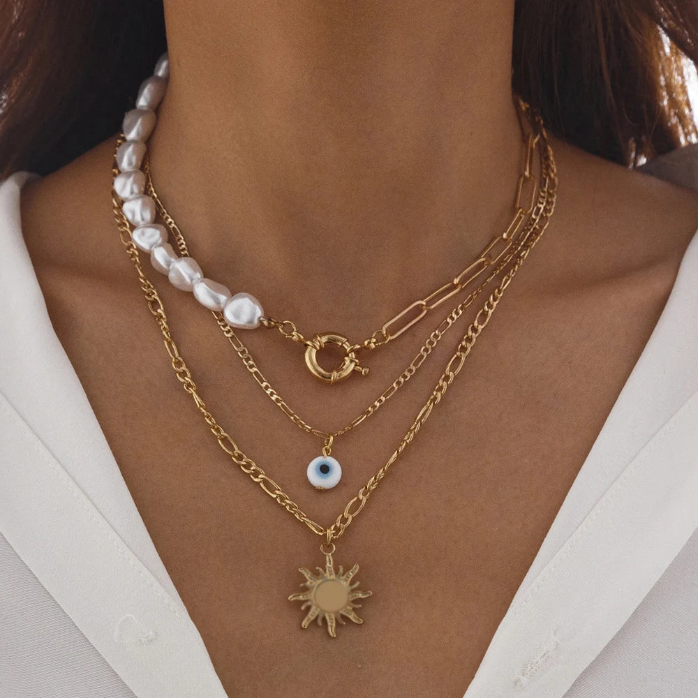 Elegant Irregular Pearl Multi-layer Necklace Heart Pendant Choker Necklace For Girls Jewelry Trend Vacation Wedding Gifts X0286