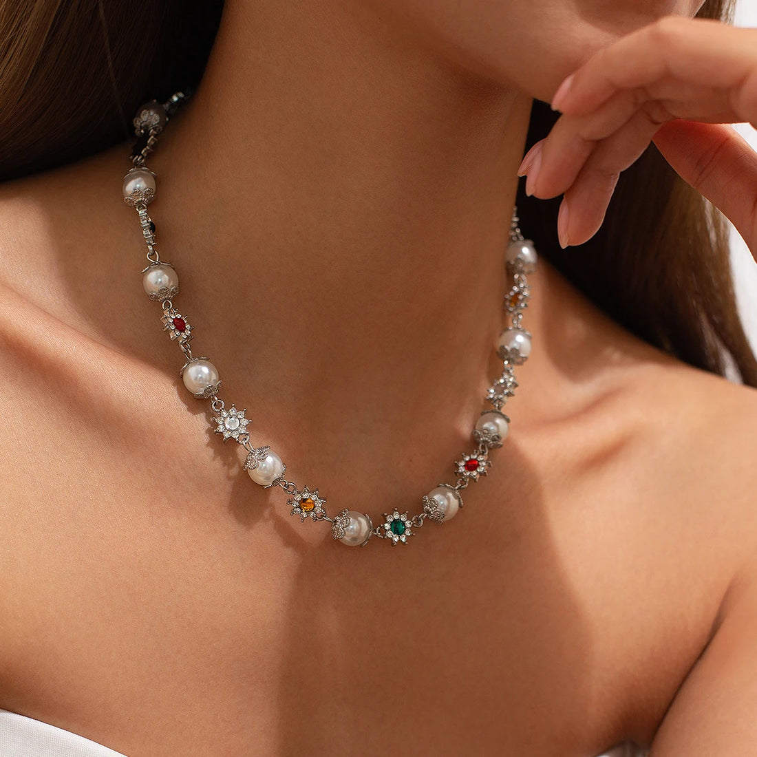 Ingemark Luxury Rhinestone Imitation Pearl Beads Chain Necklace Women Wed Bridal Vintage Jesus Cross Pendant Choker Y2K Jewelry