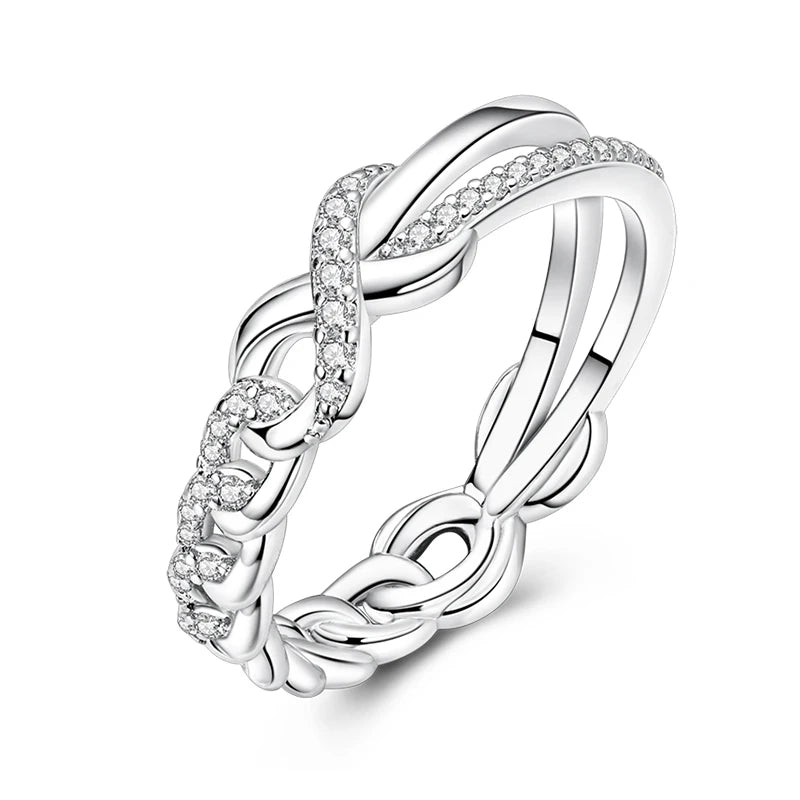 Women's 925 Sterling Silver Geometric Overlapping Zircon Classic Design Rings Anniversary Birthday Engagement Fine Jewelry