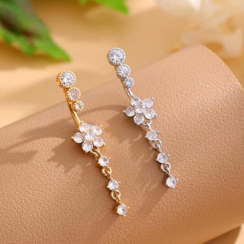 Gold Color Stainless Steel Belly Button Ring Long Dangled Flower CZ Crystal Navel Belly Piercing Rings for Women Sexy Jewelry