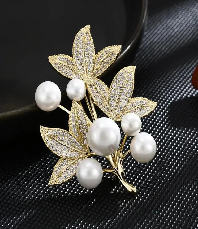 Elegant Pink Peony Brooches For Women Lady Flower Leaf CZ Zircon Pearl Pins Corsage Coat Suit Clothing Jewelry Gifts