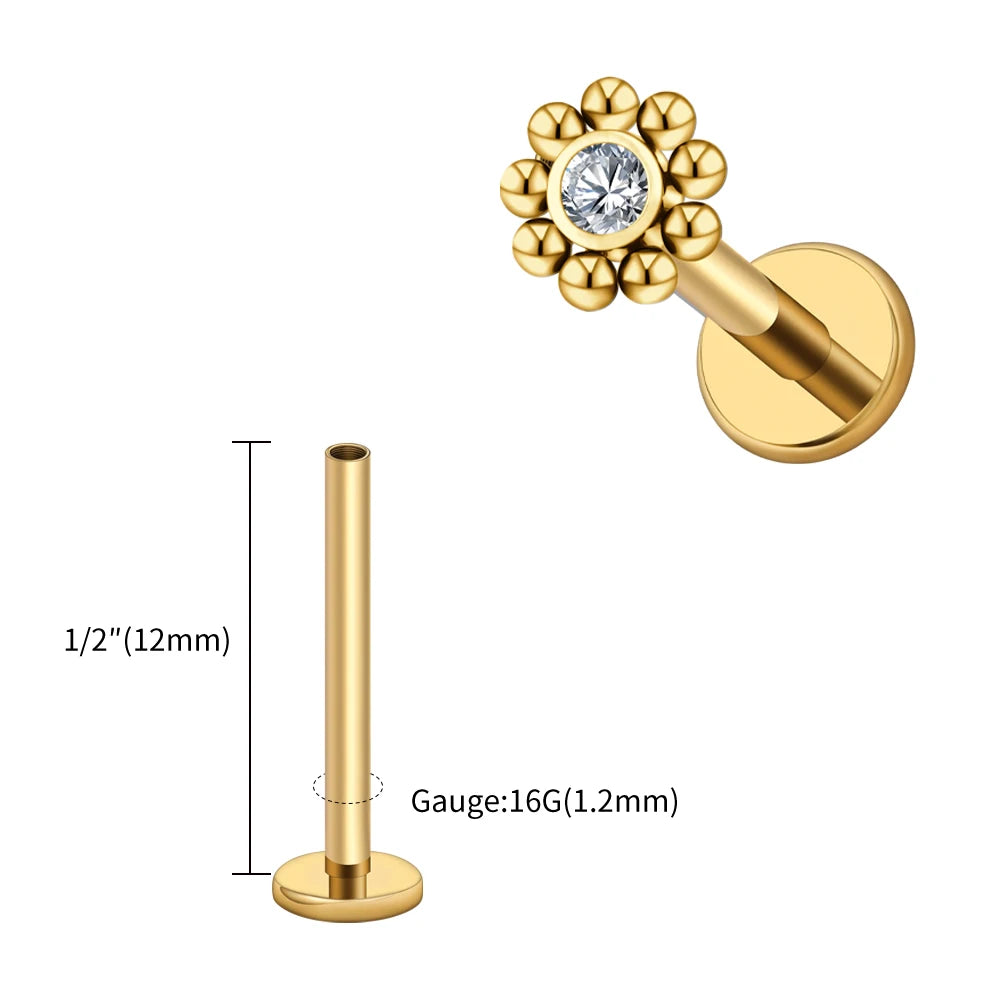 Right Grand ASTM F136 Titanium 16G Mini Beaded Sun Labret Stud CZ Flower Tragus Cartilage Helix Conch Nose Piercing Body Jewelry