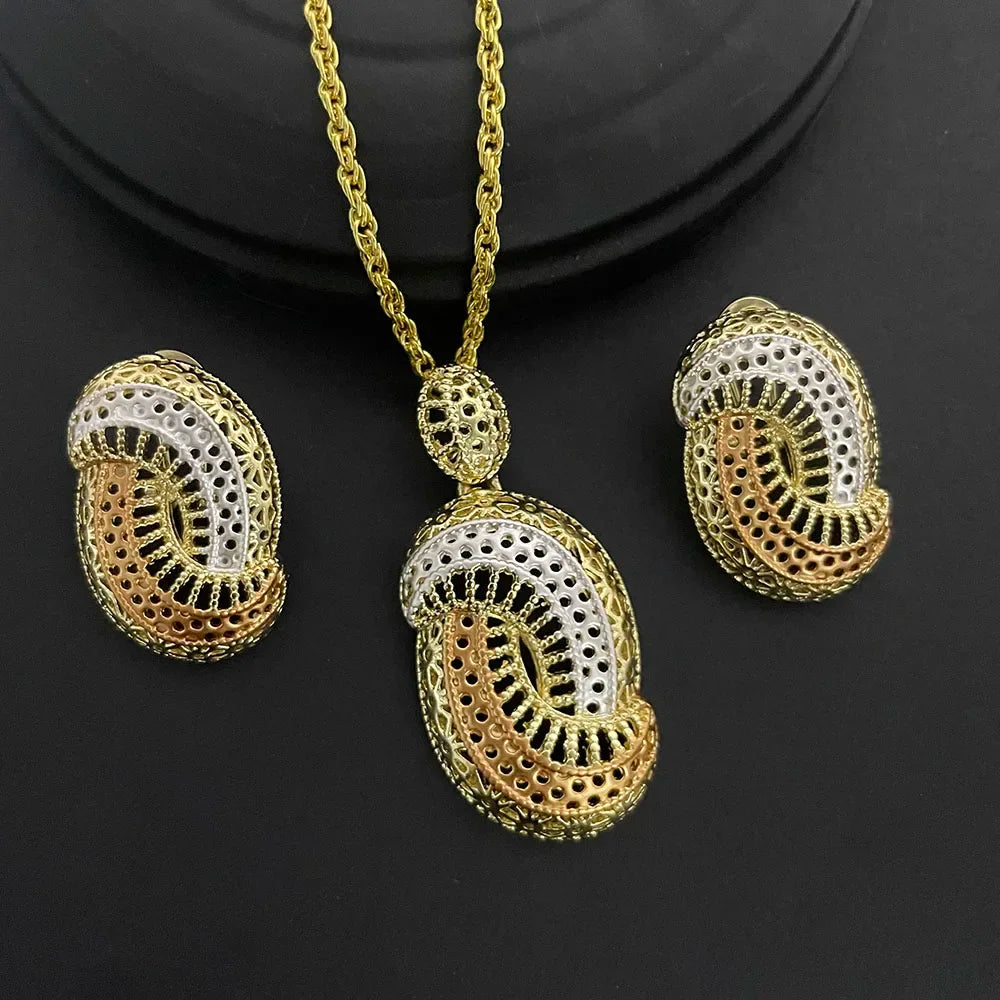 24K Gold-plated Two Piece Copper Jewelry Set India Dubai Jewelry Gold Warped Geometry Necklace Earrings