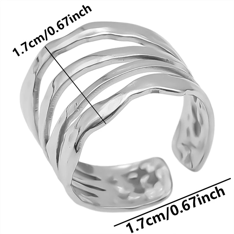 1Pc Stainless Steel Waterproof Women Personality Textured Chunky Open Rings Vintage Hollow Irregular Multi-layer Anillos Jewelry