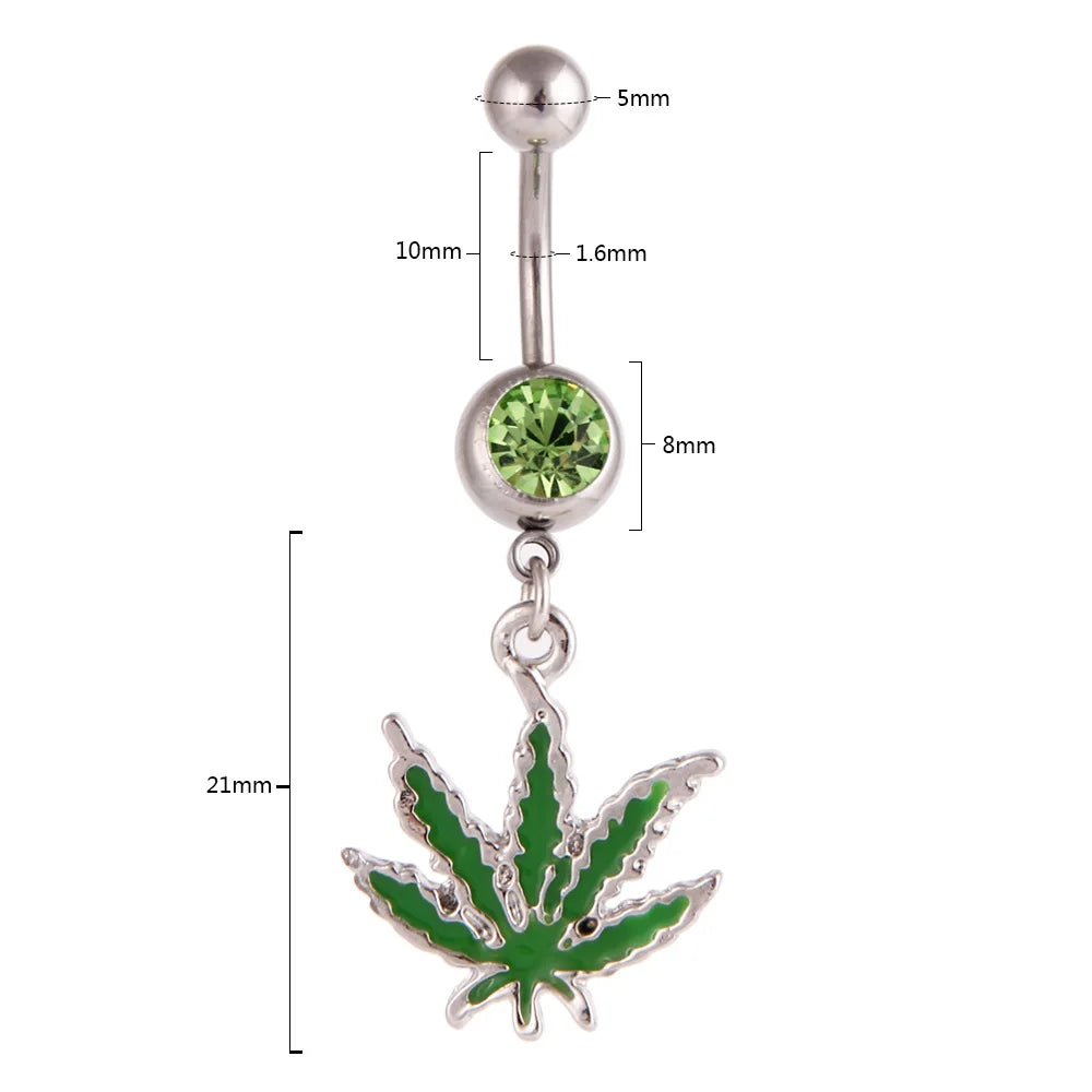 1PC Green Maple Leaf Belly Navel Ring Leaves Weed Dangle Belly Button Piercing Jewelry Surgical Steel Barbell Botton Piercing