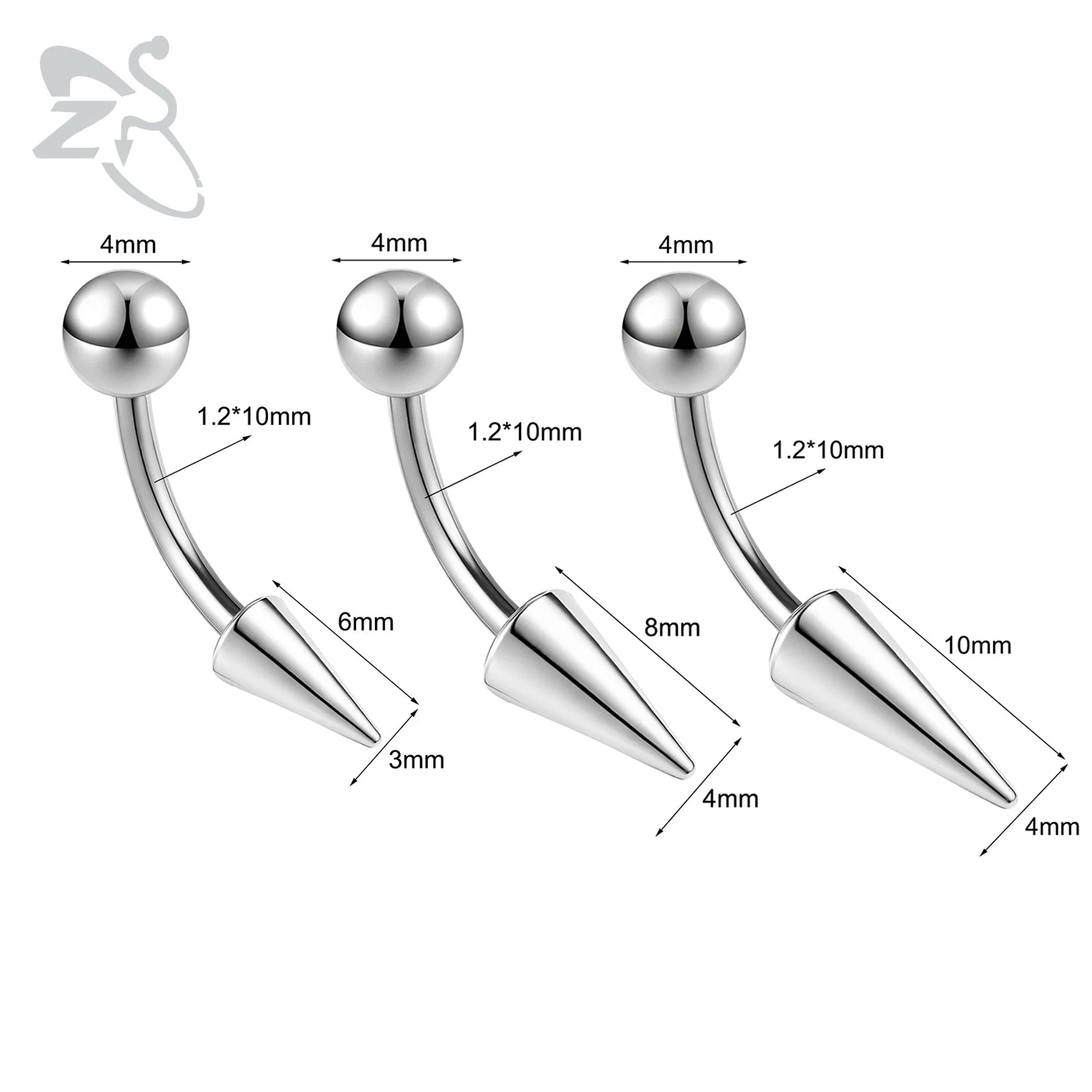 ZS 1PC 16G Long Spike Bridge Piercing Stainless Steel Eyebrow Ring Curved Barbell Cartilage Earring Punk Cone Labret Piercing