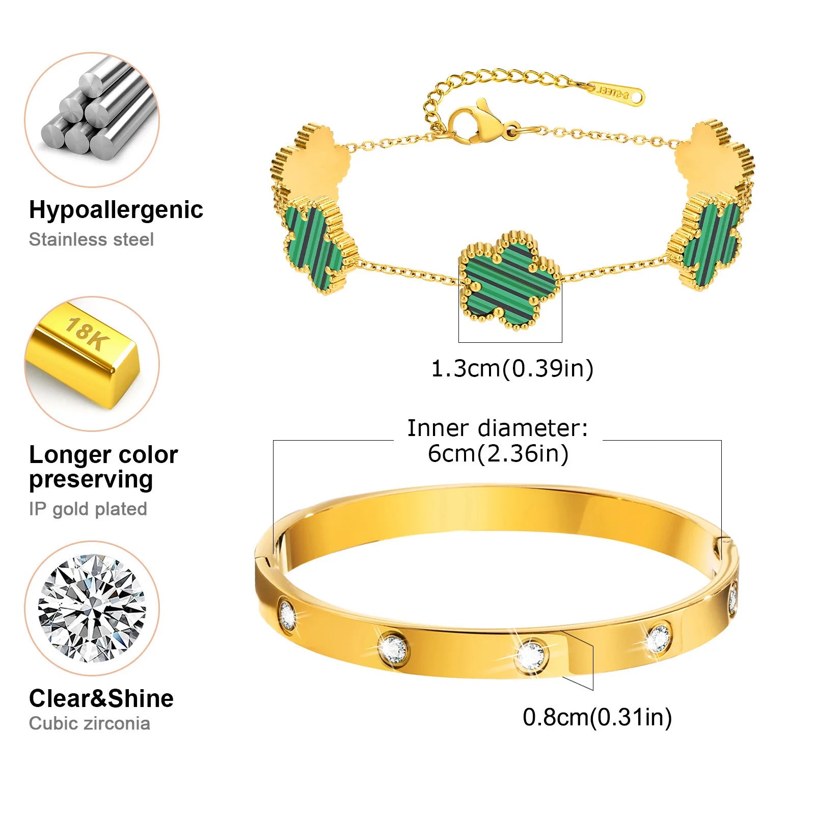 Vnox Exquisite 13mm Clover Bracelet Set for Women, Love Gift Bracelets for Wife Mothers Day Jewelry, Stainless Steel Cuff Bangle