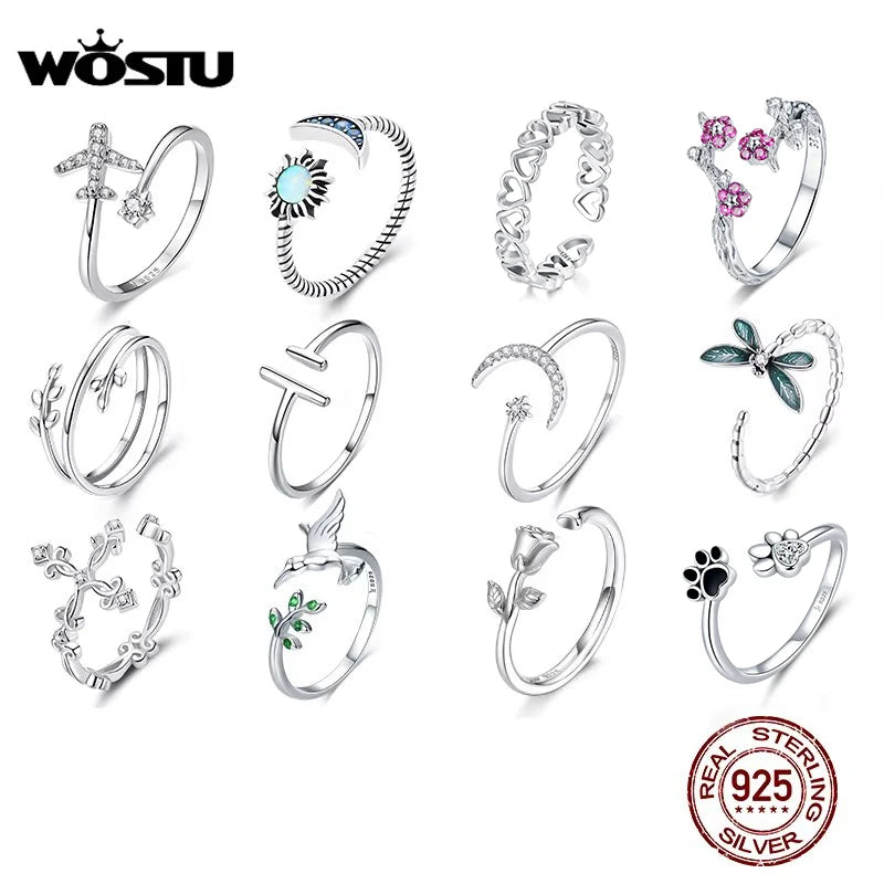 WOSTU Adjustable Rings Real 925 Sterling Silver Stackable Engagement Zircon Open Size Rings For Women Female Original Jewelry
