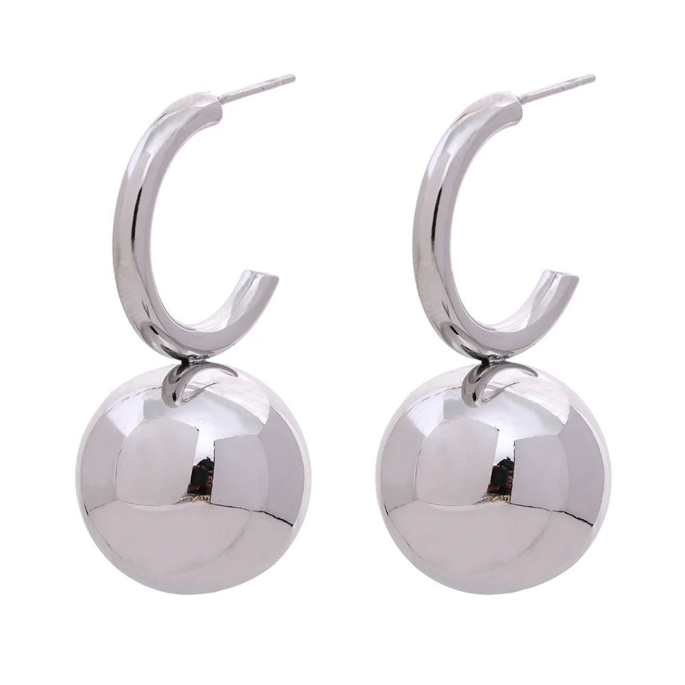 Yhpup Stainless Steel Round Ball Smooth Bead Drop Huggie Earrings Gold Silver Color Prevent Allergy Metal Unusual Jewelry Gift