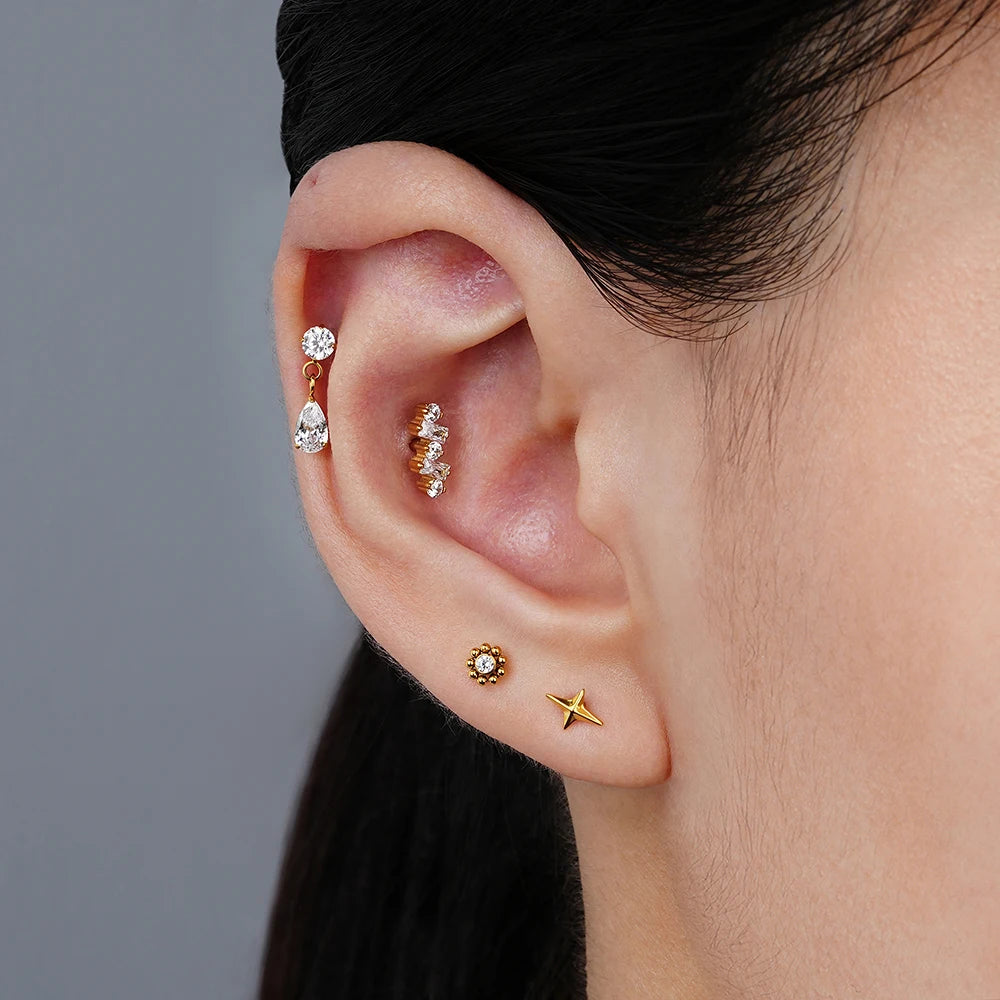 Right Grand ASTM F136 Titanium 16G Mini Beaded Sun Labret Stud CZ Flower Tragus Cartilage Helix Conch Nose Piercing Body Jewelry