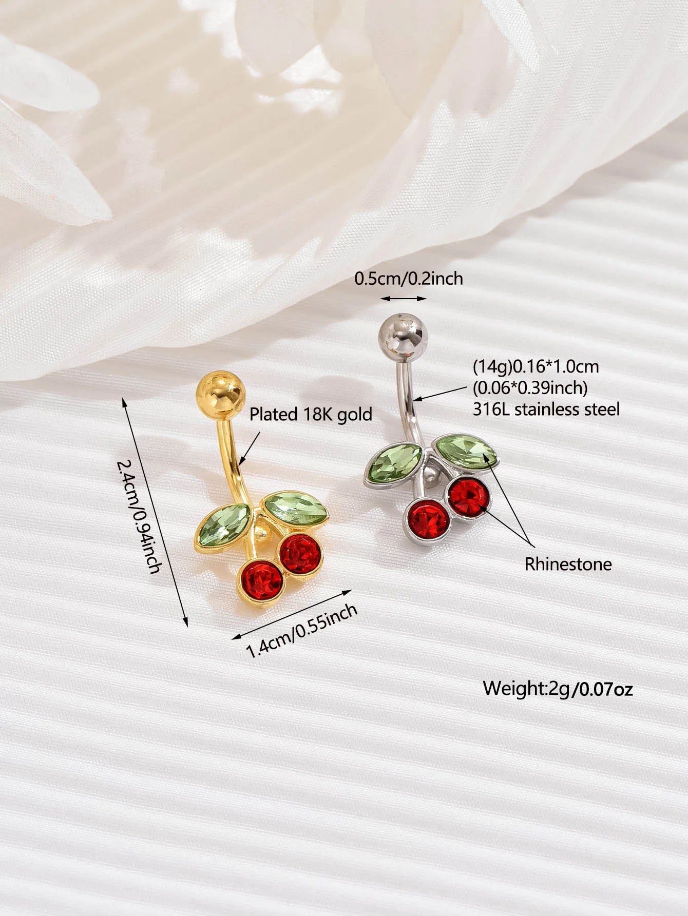 14G Cute Surgical Steel Plated 18K Gold Cherry Belly Button Ring for women Body Belly Piercing Fruit Navel Belly Button Rings