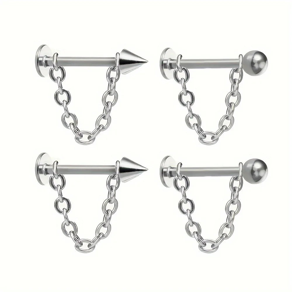2pcs Fashion Simple Stainless Steel Chain Lip Stud Cartilage Stud Earrings Detachable Piercing Jewelry For Daily Wear