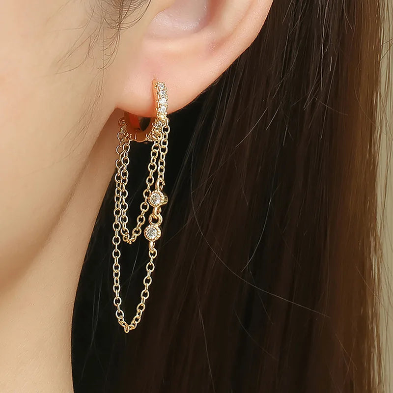 2PCS New Fashion Gold Color Crystal Zirconia Chain Hoop Earrings Women Small Pendant Star Ear Cartilage Earring Piercing Jewelry